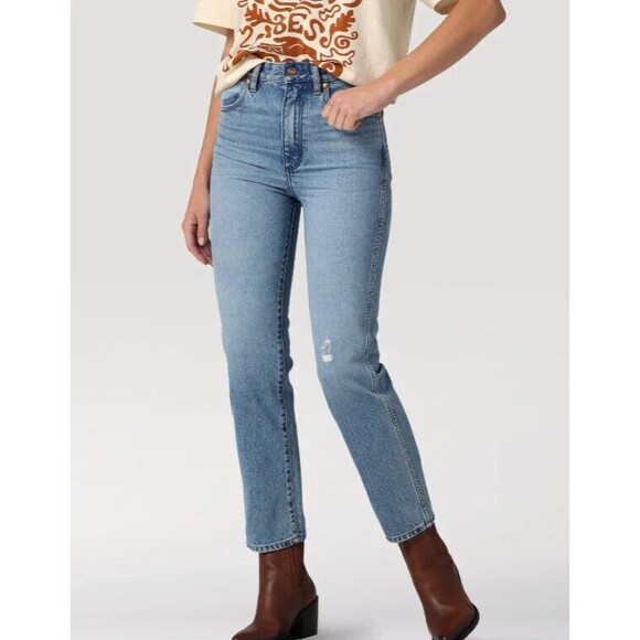 Wrangler Denim - Wrangler Womens Wild West 603 Denim Jean High Rise Straight Distress Blue New